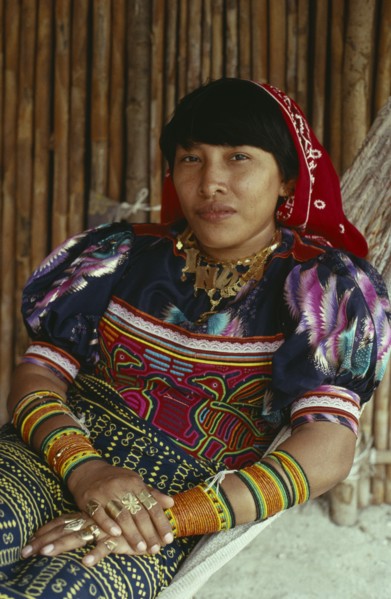 PANAMA, San Blas Islands, Kuna Indigenous Tribe, "Portrait of a Kuna Indian woman in hammock  with