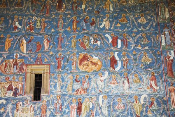ROMANIA, Moldavia, Bucovina, "Frescoes on outside south wall, Voronet Monastery, near Gura