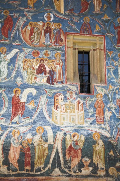 ROMANIA, Moldavia, Bucovina, "Frescoes on outside south wall, Voronet Monastery, near Gura