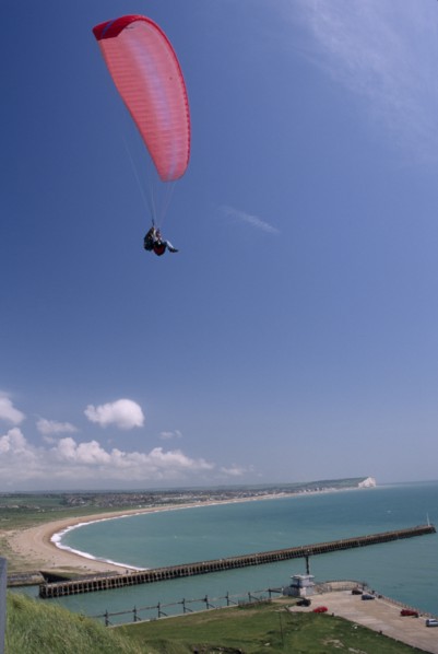 SPORT, Air, Paragliding, "Tandem paraglider above Fort Newhaven with the Mole, Lighthouse, Seaford