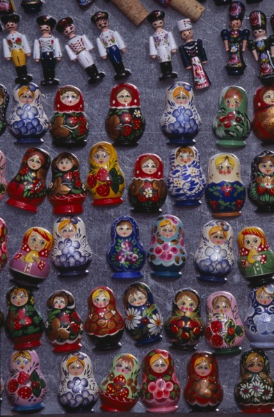 HUNGARY, Budapest, Colourful painted matryoshka dolls for sale in souvenir shop.