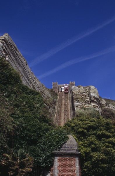 ENGLAND, East Sussex, Hastings, The East Hill Lift. View looking up at the steepest funicular