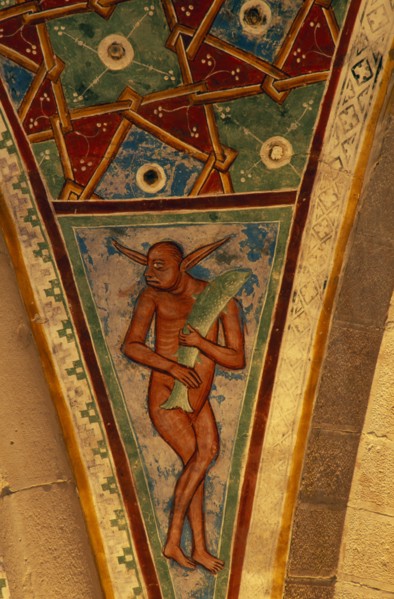 ITALY, Lombardy, Lake Maggiore, Angera.  Architectural detail and painting in Rocca di Angera