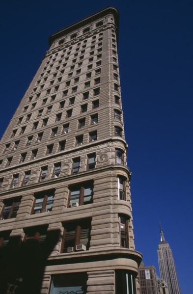 USA, New York, New York City, "Part view of the Flatiron Building from 23rd Street.  Steel framed,