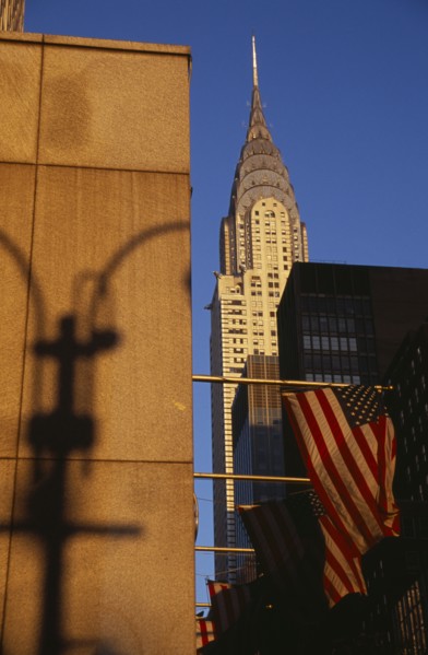 USA, New York, New York City, Part view of the Chrysler Building from East 42nd Street.  Seen above