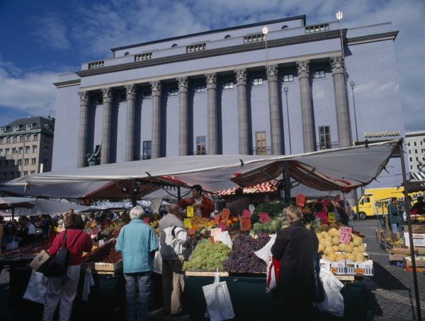 SWEDEN, Stockholm, Fruit stalls in front of the Konserthuset Concert Hall