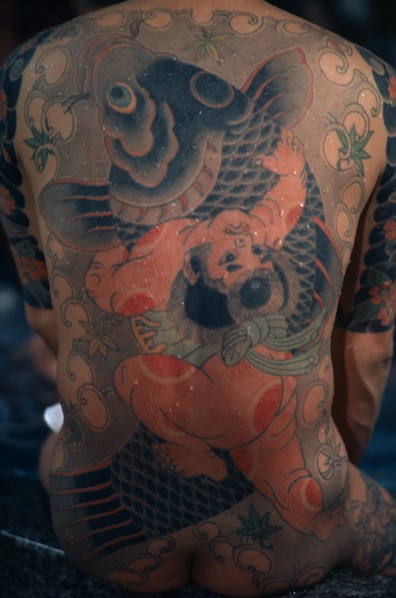 JAPAN, People, Yakuza, "Heavily tattooed back of gangster or Yakuza gang member in public bath