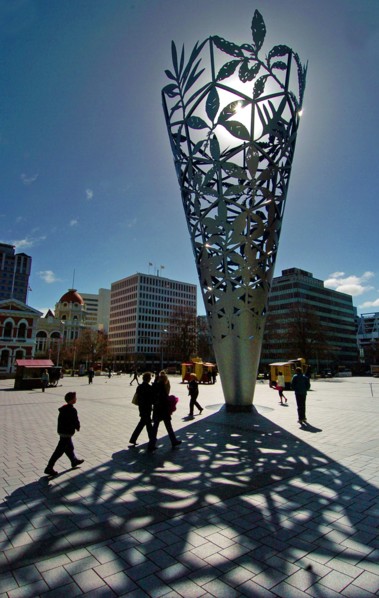 NEW ZEALAND, SOUTH ISLAND, CHRISTCHURCH, "CANTERBURy, SILHOETTE OF MILLENNIUM SCULPTURE IN