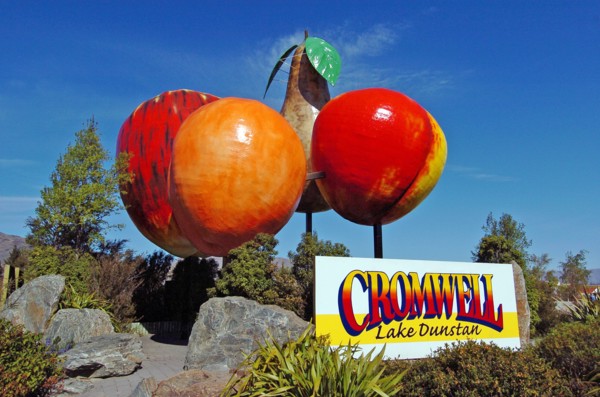 NEW ZEALAND, SOUTH ISLAND, CROMWELL, "OTAGO, CROMWELL TOWN SIGN WHICH CONSISTS OF GIANT FIBRE GLASS