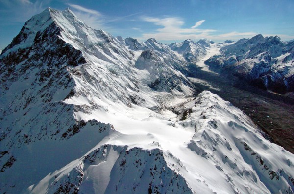 NEW ZEALAND, SOUTH ISLAND, WEST COAST, "MOUNT COOK NATIONAL PARK, AERIAL VIEW THE EASTERN FACE OF