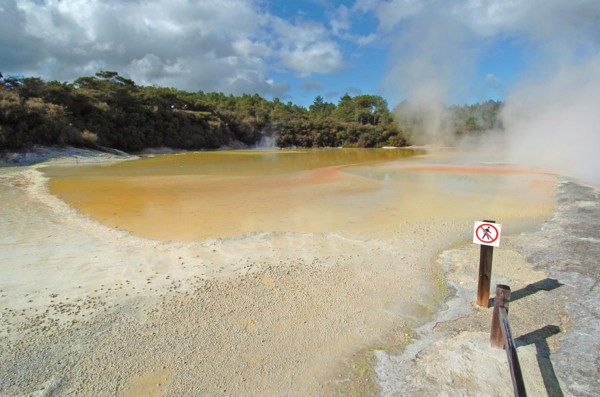 NEW ZEALAND, NORTH ISLAND, ROTORUA, THE CHAMPAGNE POOL OF WAI O TAPU THERMAL WONDERLAND.THE SPRING