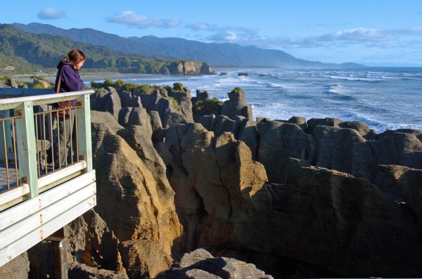 NEW ZEALAND, SOUTH ISLAND, PUNAKAIKI, "GEOLOGICAL FEATURED ROCKS CALLED THE PANCAKE ROCKS BLOWHOLES