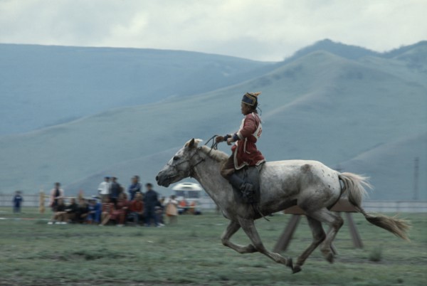 MONGOLIA, Ulan Bator, "Nadam  National Day  Child jockey coming to end of 20 mile cross country