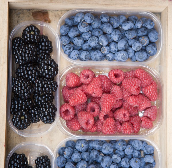 ITALY, Tuscany, Siena, Blackberries Blueberries and Raspberries displayed in containers outside a
