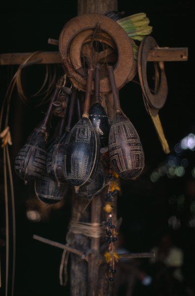 COLOMBIA, North West Amazon, Tukano Indigenous People, Makuna dancing regalia hanging from central