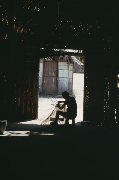 COLOMBIA, North West Amazon, Tukano Indigenous People, Makuna head man Ignacio making cane basket