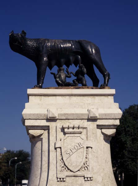 ROMANIA, Bucharest, Piata Romana. The Capitoline Wolf Statue nurturing / feeding Romulus and Remus