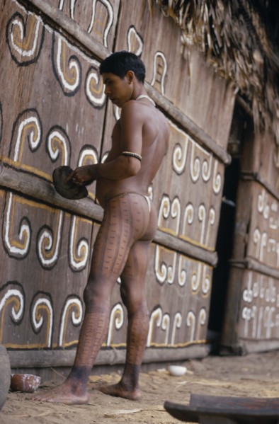 COLOMBIA, North West Amazon, Tukano Indigenous People, Barasana Indian painting design on front of