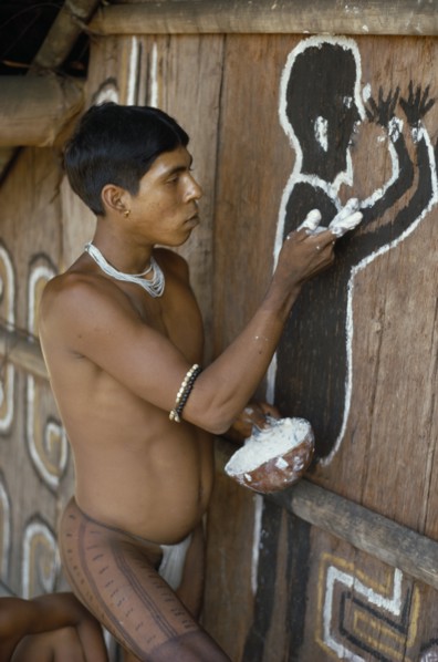 COLOMBIA, North West Amazon, Tukano Indigenous People, Cropped shot of Barasana Indian painting