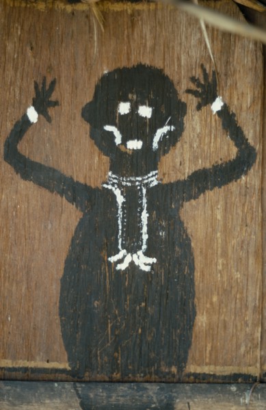 COLOMBIA, North West Amazon, Tukano Indigenous People, Detail of painted fertility symbol (?) on