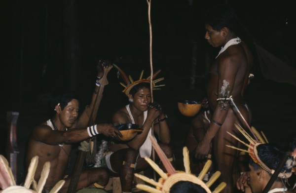 COLOMBIA, North West Amazon, Tukano Indigenous People, "Barasana shamans wearing crowns of royal