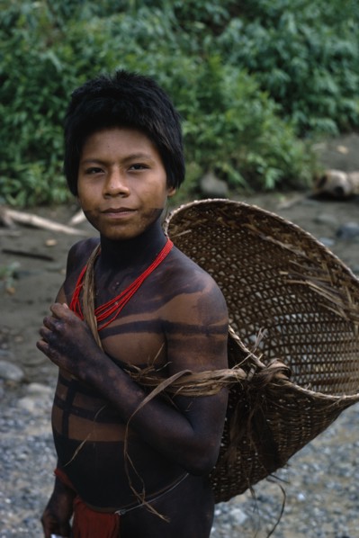COLOMBIA, Choco, Embera Indigenous People, Portrait of young Embera with lower face and body