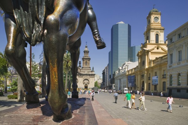 CHILE, Santiago, Close-up of the equestrian statue of Pedro de Valdivia in Plaza de Armas.