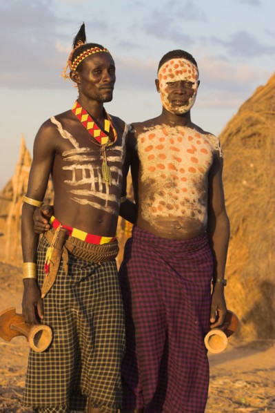 ETHIOPIA, Lower Omo Valley, Kolcho, Karo men with body painting (made from mixing animal pigments