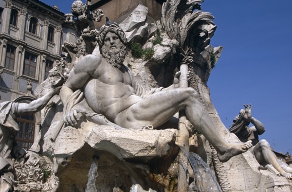 ITALY, Lazio, Rome, "Piazza Navona, Fontana dei Quattro Fiumi detail."