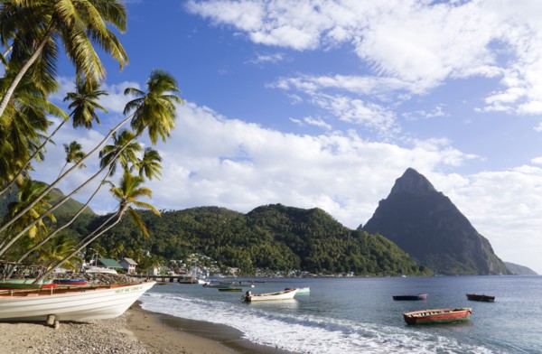 WEST INDIES, St Lucia, Soufriere, Fishing boats on the beach lined with coconut palm trees with the