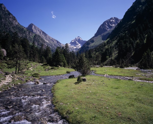 FRANCE, Midi-Pyrenees, Hautes-Pyrenees, Vallee de Lutour.  View south over lower valley with