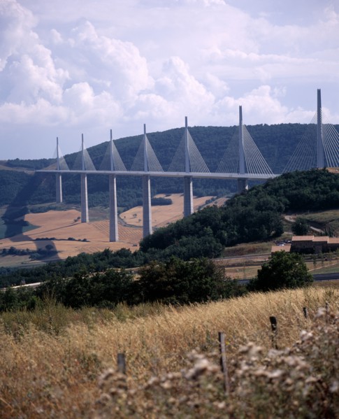 FRANCE, Midi Pyrenees, Aveyron, North end of the Millau bridge crossing the Tarn Valley carrying