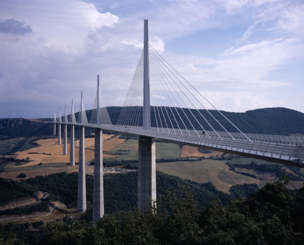 FRANCE, Midi Pyrenees, Aveyron, North end of the Millau bridge crossing the Tarn Valley carrying