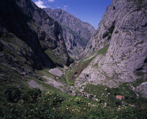 SPAIN, Asturias, Picos de Europa, "View north down Arroyo del Tejo Valley from Bulnes El Castillo