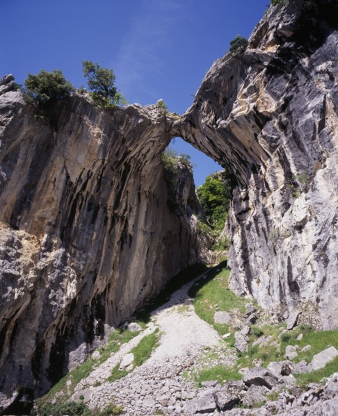 SPAIN, Asturias, Picos de Europa, Garganta del Cares.  Water eroded roofless cave in limestone