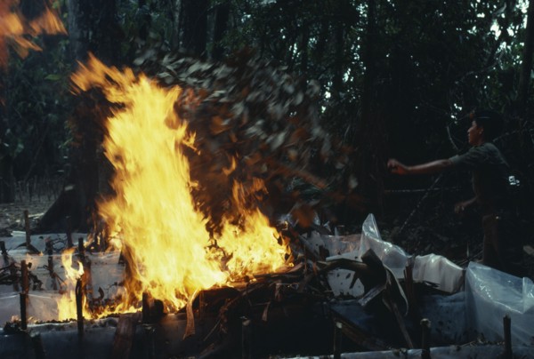 COLOMBIA, , The army burning and destroying a jungle cocaine laboratory in the war against illegal
