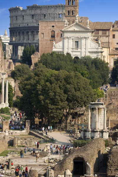 ITALY, Lazio, Rome, View of The Forum with the Colosseum rising behind the bell tower of the church