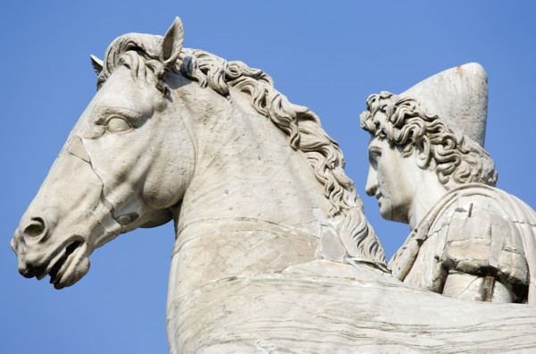 ITALY, Lazio, Rome, One of the restored classical statues of the Dioscuri Castor and Pollux at the