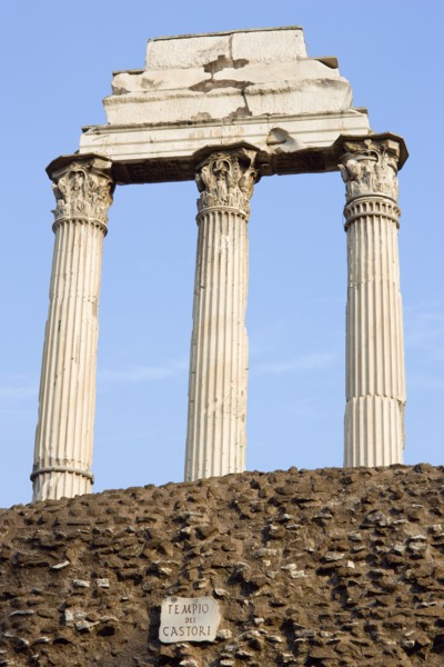 ITALY, Lazio, Rome, The three remaining Corinthian columns of the Temple of Castor and Pollux in