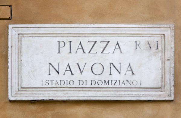 ITALY, Lazio, Rome, Wall street sign for Piazza Navona once the Stadium of Domitian