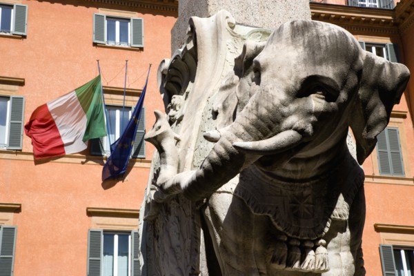 ITALY, Lazio, Rome, Bernini marble elephant in the Obelisk of Santa Maria sopra Minerva in the