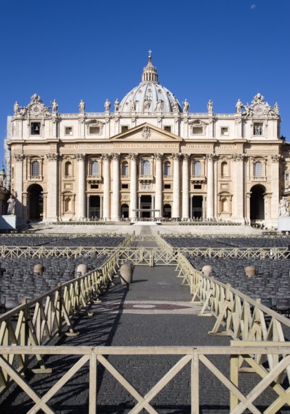 ITALY, Lazio, Rome, Vatican City The Basilica of St Peter with tourists at the entrance and empty