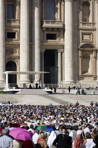 ITALY, Lazio, Rome, Vatican City Pope Benedict XVI under a canopy during an audience in Piazza San