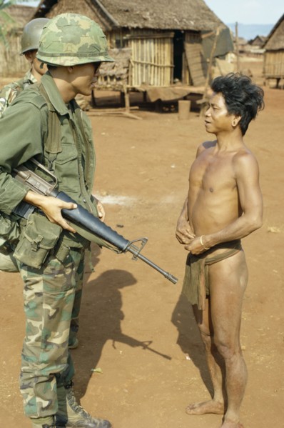 VIETNAM, Central Highlands, Plei Mrong, Vietnam War. Montagnard tribesman in Pleidok refugee camp