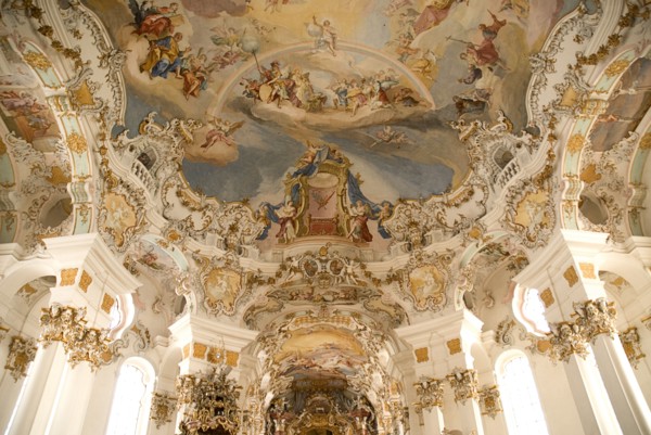 GERMANY, Bavaria, Wieskirche, "Baroque church, interior view of ornamentation and frescoes painted