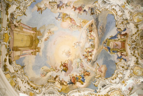 GERMANY, Bavaria, Wieskirche, "Baroque church, interior view of the entire ceiling looking straight