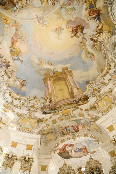 GERMANY, Bavaria, Wieskirche, "Baroque church, interior view of frescoes on rear end of the ceiling