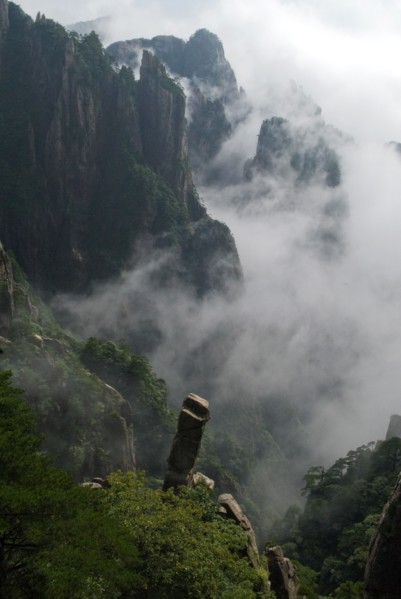 CHINA, Anhui Province, Huang Shan , Huangshan or the Yellow Mountain. Rock peaks with lush green