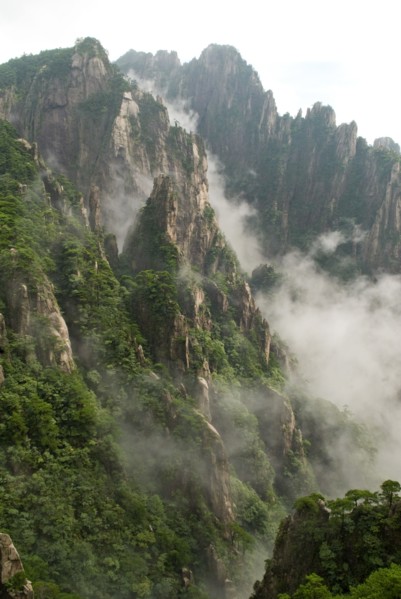 CHINA, Anhui Province, Huang Shan , Huangshan or the Yellow Mountain. Rock peaks with lush green