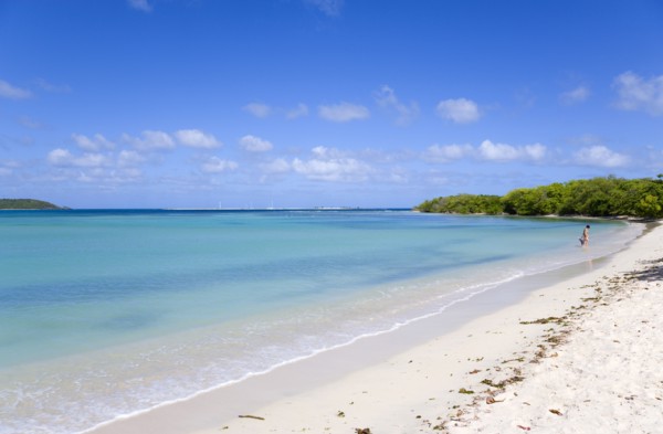 WEST INDIES, Grenada, Carriacou, Woman with toddler at the waters edge with gentle waves breaking